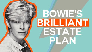 Marketing graphic with text reading ’BOWIE’S BRILLIANT ESTATE PLAN’ featuring a black and white portrait with an orange outline against a blue-green background.