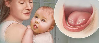 A tired parent holding a sleeping baby while showing signs of exhaustion.