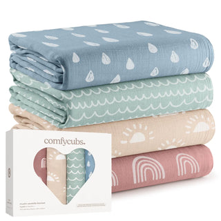 Comfy Cubs Muslin Swaddle Blankets 4pk Sun, Rainbow, Rain, Doodle - 1