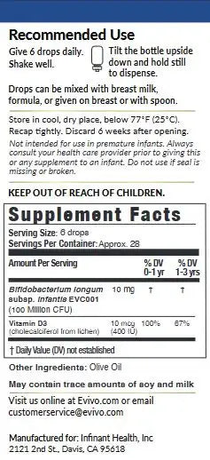 Evivo Infant Probiotic Drops w/ Vit D + Olive Oil 1 Bottle (4wk supply) - 2
