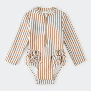 Petit Lem 1pc LS Stripe Swimsuit Knit S2 Beige Stripe / 0-3m - 1