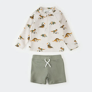 Petit Lem 2 pc set LS Rashguard + Bottom Knit S1 Beige Beach Dino / 0-3m - 1