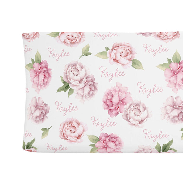 Sugar + Maple Personalized Changing Pad Cover | Pink Peonies - Just $69.99! Shop now at The Pump Station & Nurtury