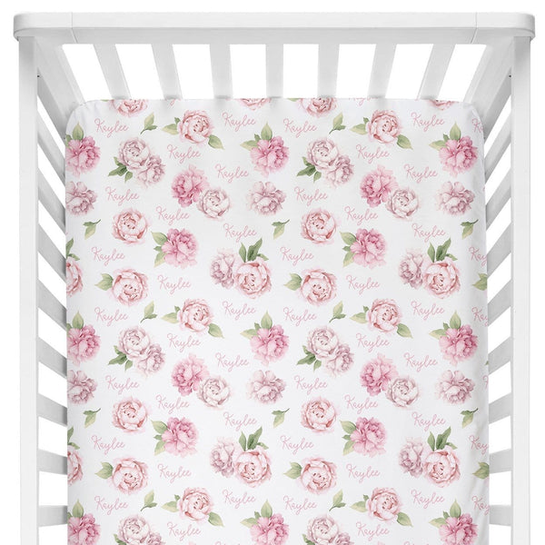Sugar + Maple Personalized Crib Sheet | Pink Peonies - Just $89.99! Shop now at The Pump Station & Nurtury