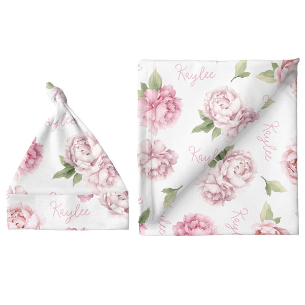 Sugar + Maple Personalized Small Blanket & Hat Set | Pink Peonies - Just $64.98! Shop now at The Pump Station & Nurtury