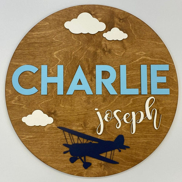 Sugar + Maple Round Personalized Wood Name Sign | Airplane | Pump Station & Nurtury