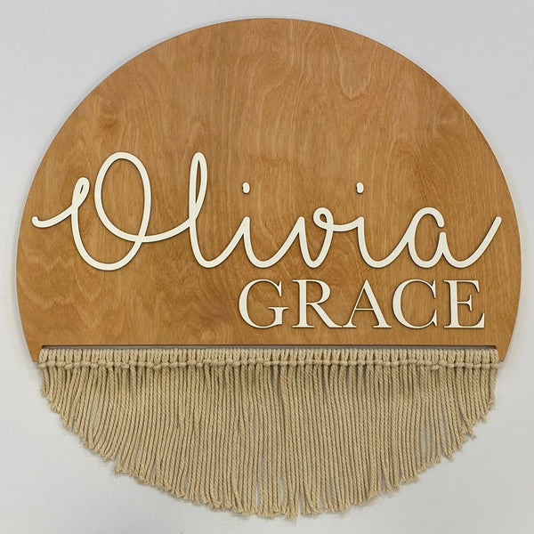 Sugar + Maple Round Personalized Wood Name Sign | Macrame - Just $149.99! Shop now at The Pump Station & Nurtury