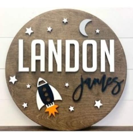 Sugar + Maple Round Personalized Wood Name Sign | Space Ship - Just $129.99! Shop now at The Pump Station & Nurtury